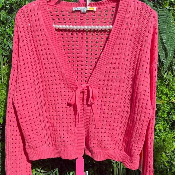 C&C California Sweaters - C&C California 100% Cotton Pink Open Knit Crochet Tie Front Cardigan Size Large